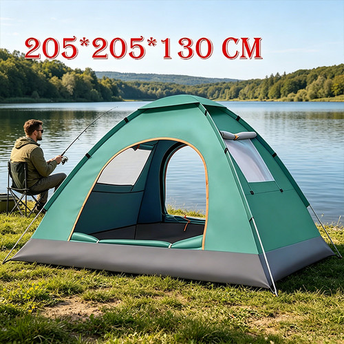 Man pop camping - up, tent